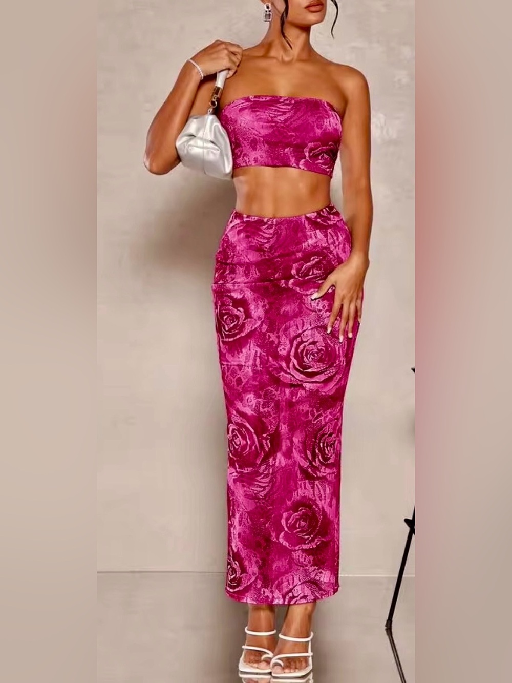 SHEIN Fuchsia Floral Strapless Crop Top & Maxi Skirt Set